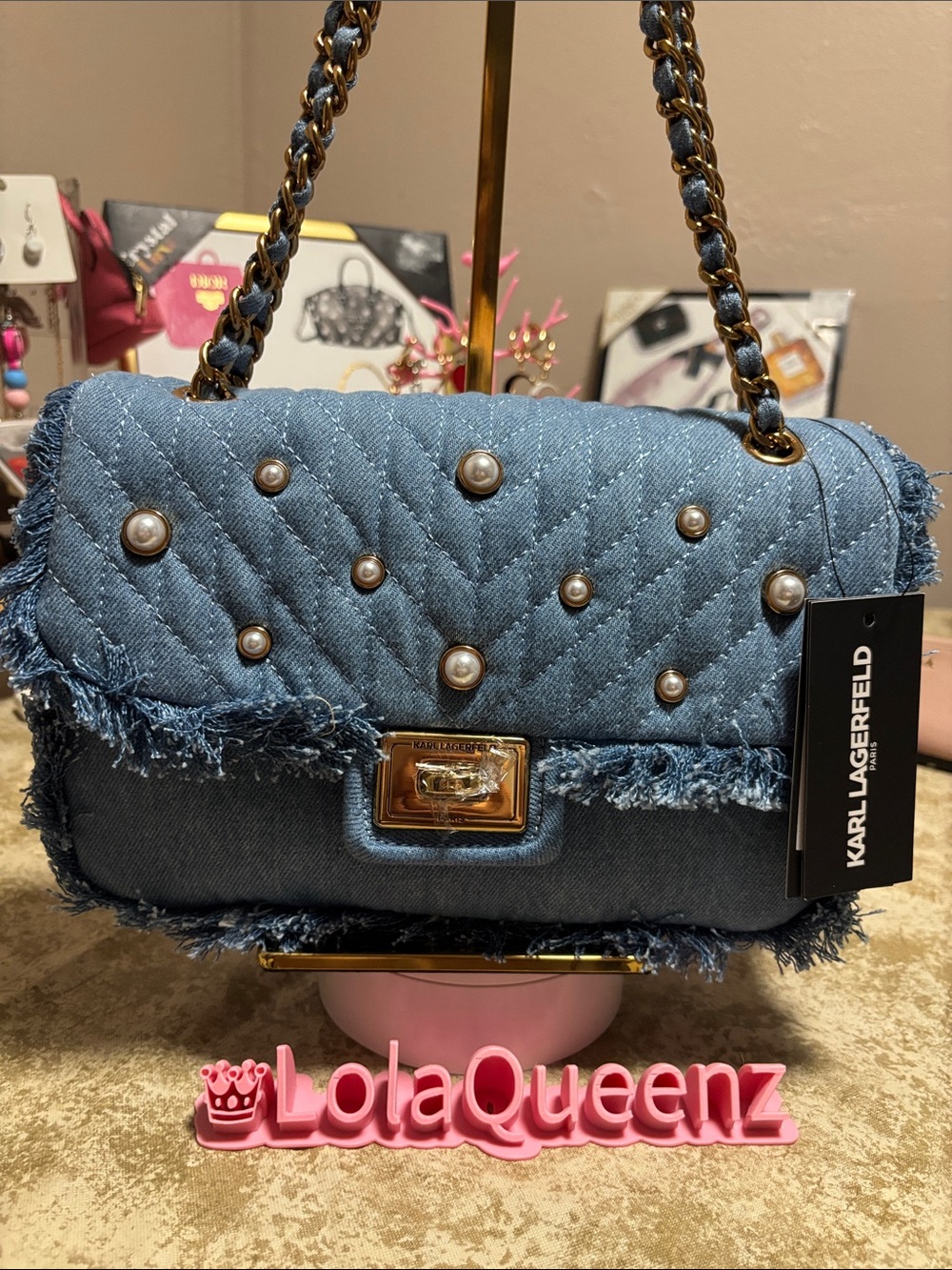 Karl Lagerfeld Denim Pearl-Embellished Shoulder Bag NWT